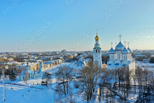 Vologda cathedral winter landscape aerial view from drone