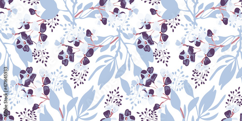 Vector floral seamless widescreen pattern. Lilac flowers with brown twigs and blue leaves on a white. Wide floral art background for wallpapers, cards, banners and more.