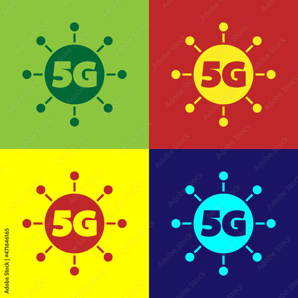 Pop art 5G new wireless internet wifi connection icon isolated on color background. Global network high speed connection data rate technology. Vector Pop art 5G new wireless internet wifi connection icon isolated on color background. Global network high speed connection data rate technology. Vector