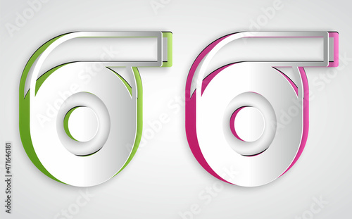 Paper cut Scotch tape icon isolated on grey background. Roll adhesive tape. Insulating tape. Paper art style. Vector