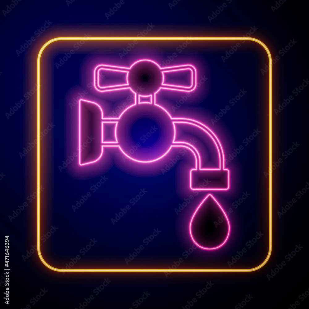 Glowing neon Water tap icon isolated on black background. Vector