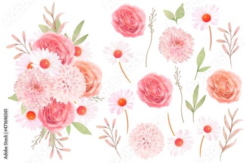 エレガントでレトロな色使いのピンク系のバラの花とデイジーとリーフのセットと花束のベクターイラスト素材