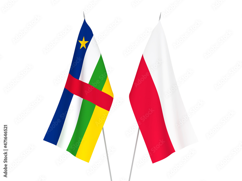 National fabric flags of Central African Republic and Poland isolated on white background. 3d rendering illustration.