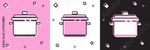 Set Cooking pot icon isolated on pink and white, black background. Boil or stew food symbol. Vector