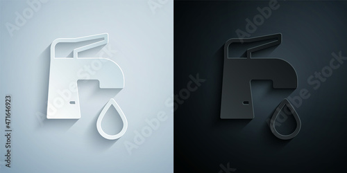 Paper cut Water tap icon isolated on grey and black background. Paper art style. Vector