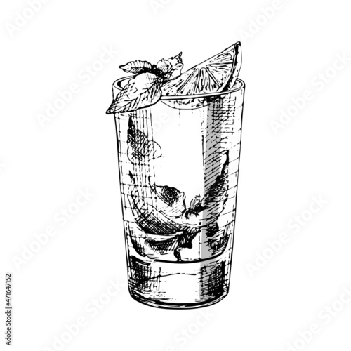 Mojito cocktail with lime and mint in highball glass. Vintage hatching vector