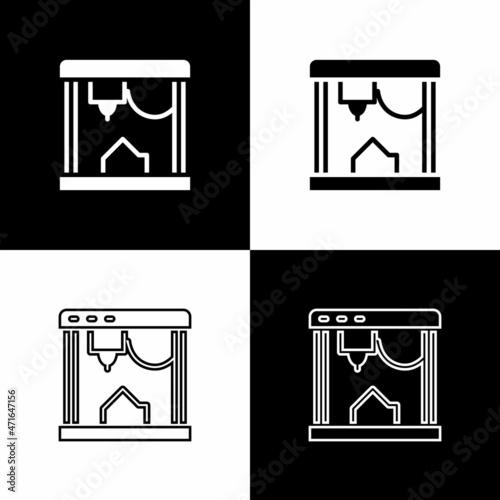 Set 3D printer icon isolated on black and white background. Vector