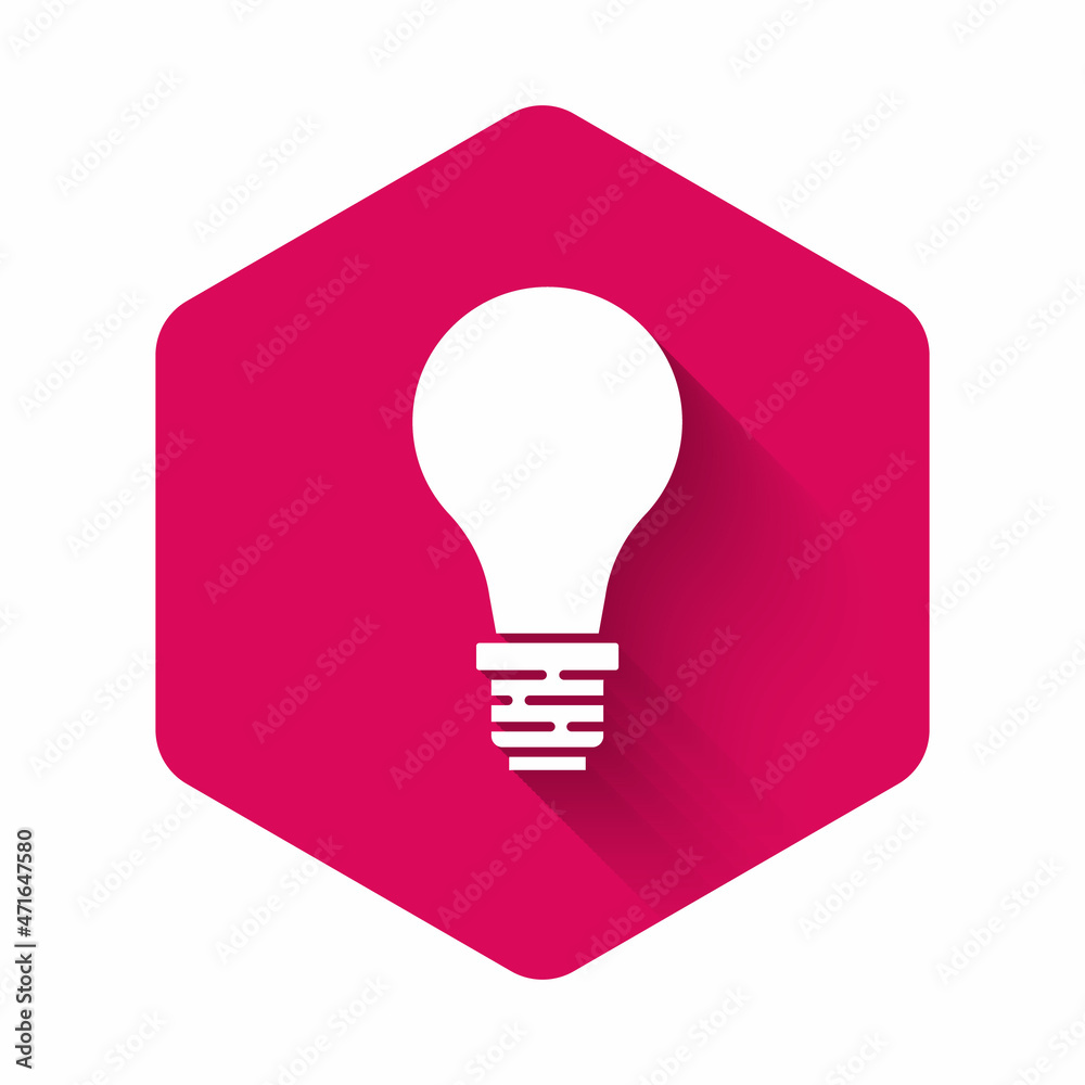White Light bulb with concept of idea icon isolated with long shadow. Energy and idea symbol. Inspiration concept. Pink hexagon button. Vector White Light bulb with concept of idea icon isolated with long shadow. Energy and idea symbol. Inspiration concept. Pink hexagon button. Vector