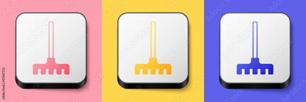 Isometric Garden rake icon isolated on pink, yellow and blue background. Tool for horticulture, agriculture, farming. Ground cultivator. Housekeeping equipment. Square button. Vector Isometric Garden rake icon isolated on pink, yellow and blue background. Tool for horticulture, agriculture, farming. Ground cultivator. Housekeeping equipment. Square button. Vector