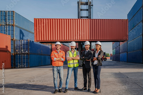 Industral team work in logistic cargo container Import and Export industries.