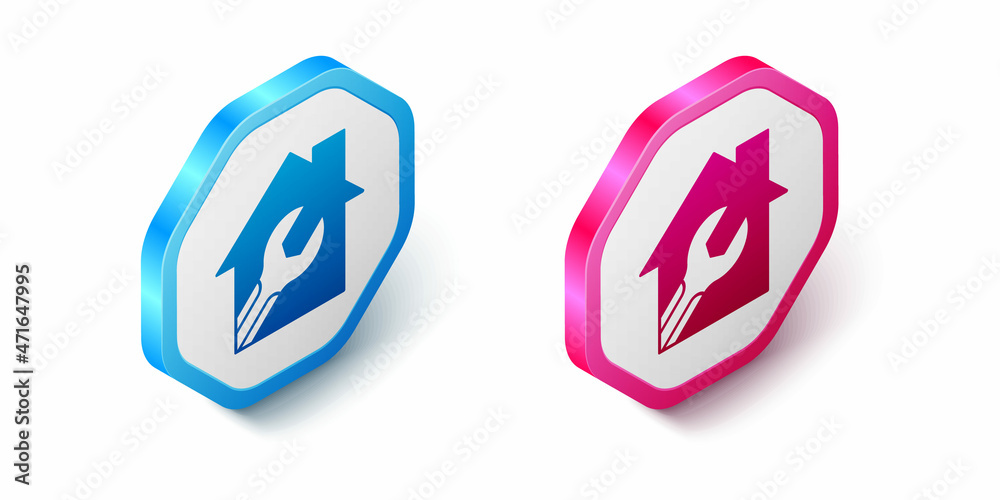 Isometric House or home with wrench spanner icon isolated on white background. Adjusting, service, setting, maintenance, repair, fixing. Hexagon button. Vector