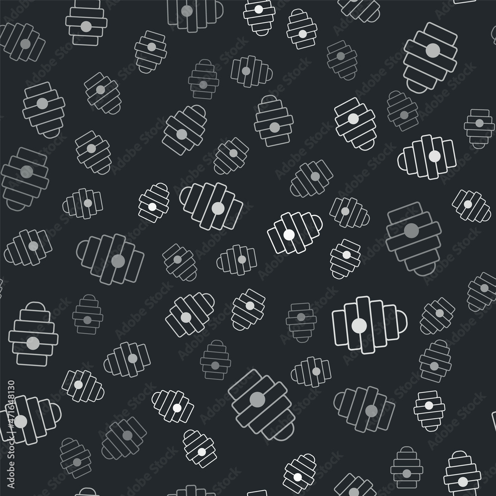 Grey Hive for bees icon isolated seamless pattern on black background. Beehive symbol. Apiary and beekeeping. Sweet natural food. Vector