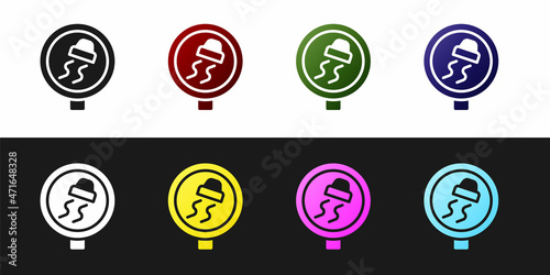Set Slippery road traffic warning icon isolated on black and white background. Traffic rules and safe driving. Vector