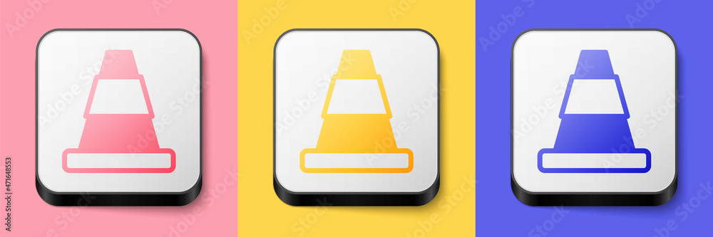 Isometric Traffic cone icon isolated on pink, yellow and blue background. Square button. Vector Isometric Traffic cone icon isolated on pink, yellow and blue background. Square button. Vector