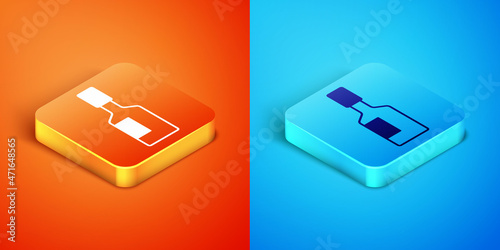 Isometric Tabasco sauce icon isolated on orange and blue background. Chili cayenne spicy pepper sauce. Vector