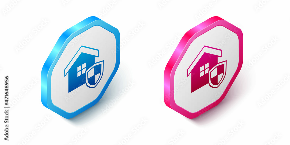 Isometric House with shield icon isolated on white background. Insurance concept. Security, safety, protection, protect concept. Hexagon button. Vector Isometric House with shield icon isolated on white background. Insurance concept. Security, safety, protection, protect concept. Hexagon button. Vector
