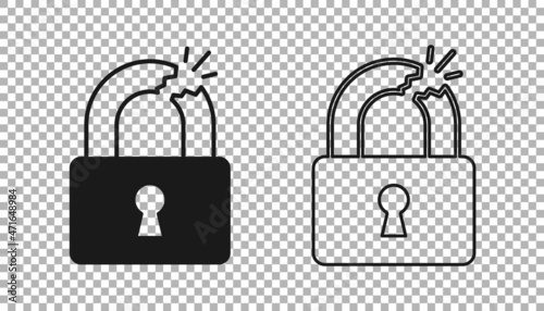 Black Broken or cracked lock icon isolated on transparent background. Unlock sign. Vector