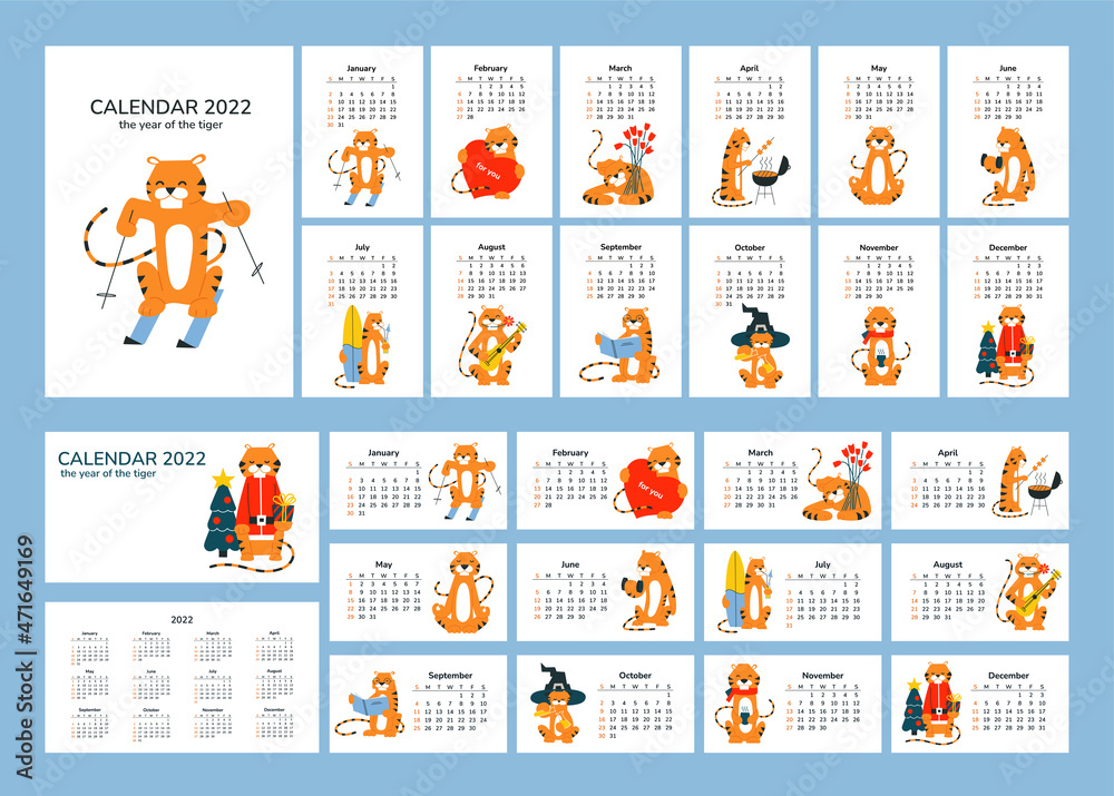 Set of calendars 2022 with tiger. Chinese horoscope. Horizontal and vertical A4 calendar 2022. Happy New Year. Set of 12 monthly pages and cover cartoon smiling tigers. Week starts on Sunday.