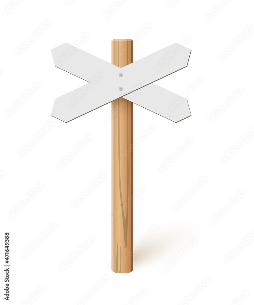 Signpost with blank direction signs on road. Wooden stick with white arrow boards vector illustration. Retro street post isolated on white background. Simple empty crossroad banners Signpost with blank direction signs on road. Wooden stick with white arrow boards vector illustration. Retro street post isolated on white background. Simple empty crossroad banners