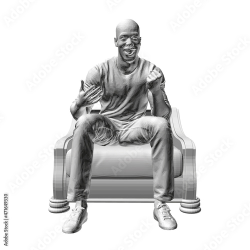 Joyful man sits in a chair isolated on a white background. The man watches TV and is happy. 3D. Vector illustration