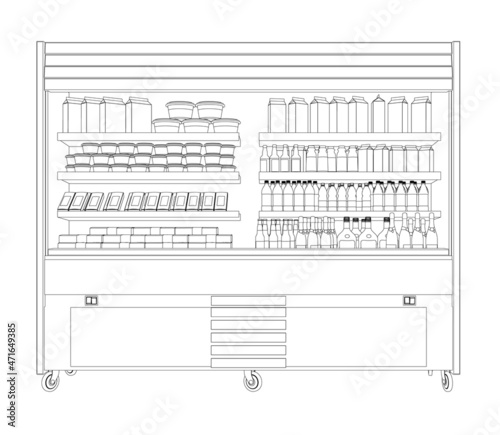 Outline of a shop refrigerator with bottles and other packaging from black lines isolated on a white background. Front view. Vector illustration
