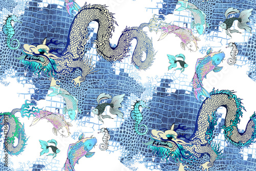 Seamless pattern. Asian dragon and fish on the background of crocodile skin. 