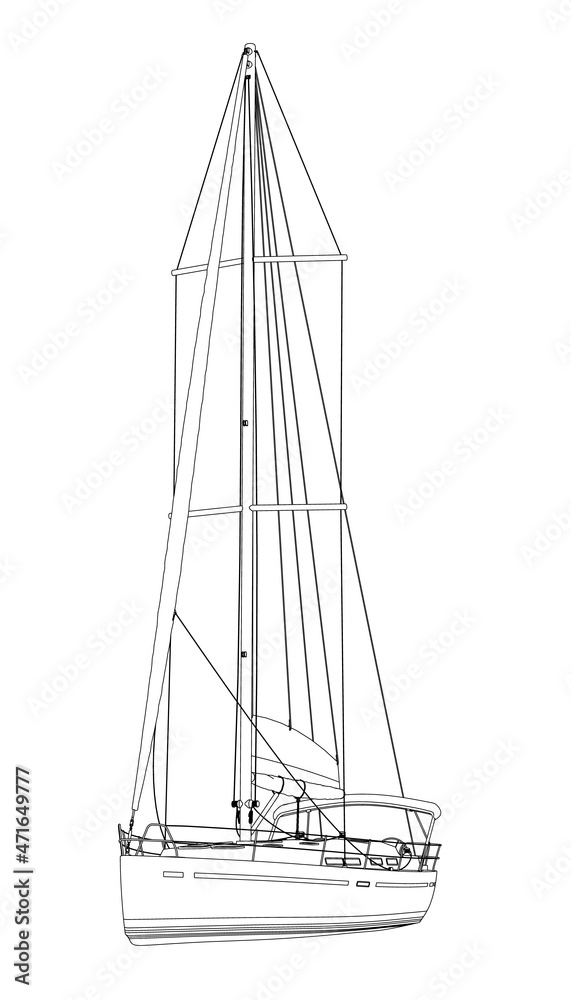 Outline of a yacht with a sail of black lines isolated on a white background. Perspective view. 3D. Vector illustration