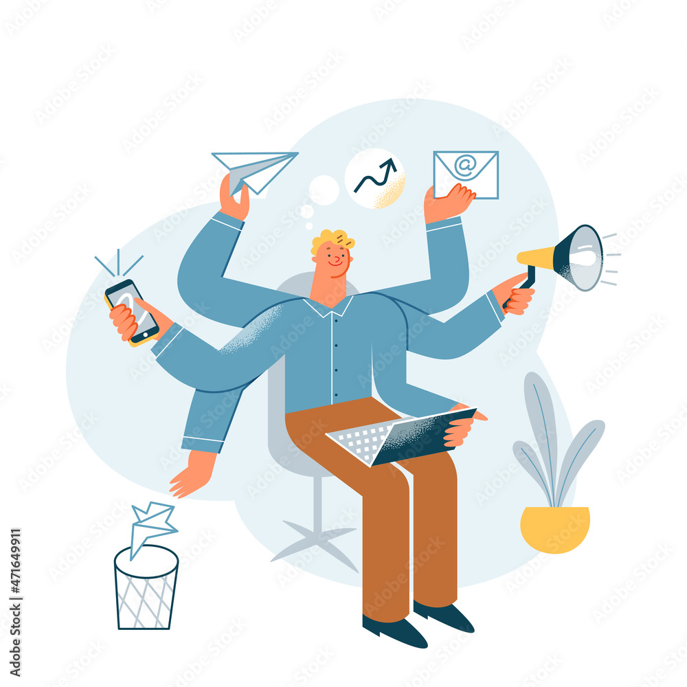 Busy businessman with multi task skills, office worker with phone, email and laptop