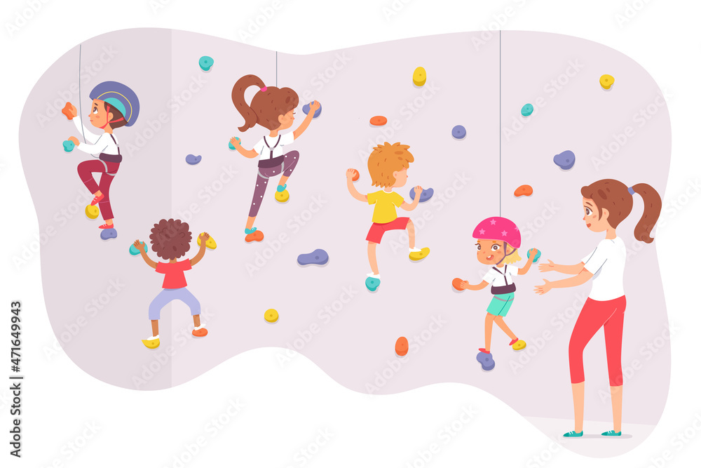 Children climbing rock wallm active boy girl climbers bouldering, training in gym Children climbing rock wallm active boy girl climbers bouldering, training in gym