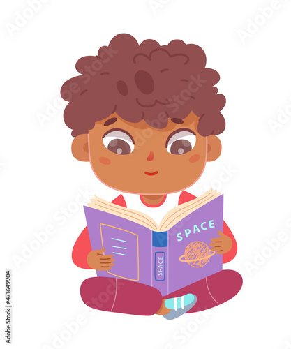 Kid reading book about outer space and planet from library, boy sitting with open book