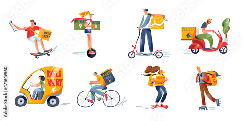 Fast delivery, free express service set, couriers deliver order, holding box parcel