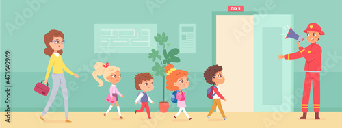 Evacuation educational game with school kids and firefighter, fireman holding megaphone