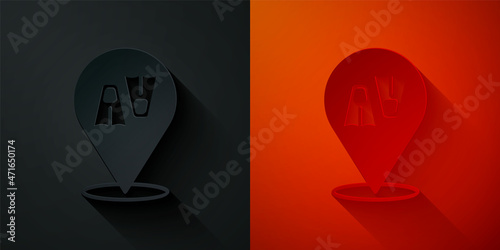 Paper cut Rubber flippers for swimming icon isolated on black and red background. Diving equipment. Extreme sport. Diving underwater equipment. Paper art style. Vector