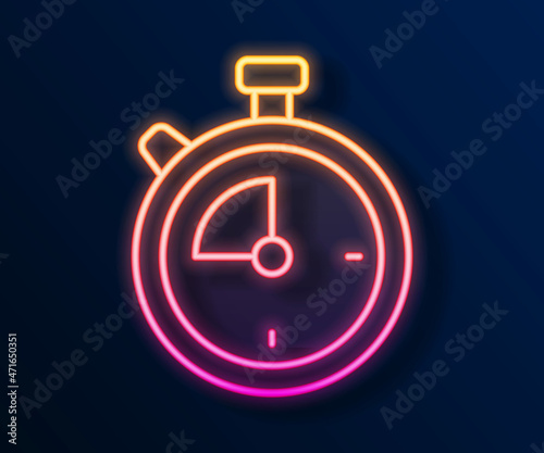 Glowing neon line Stopwatch icon isolated on black background. Time timer sign. Chronometer sign. Vector