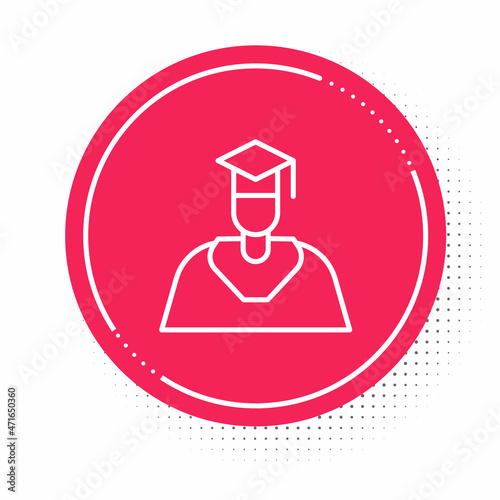 White line Graduate and graduation cap icon isolated on white background. Red circle button. Vector © Iryna