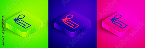 Isometric line Perfume icon isolated on green, blue and pink background. Square button. Vector