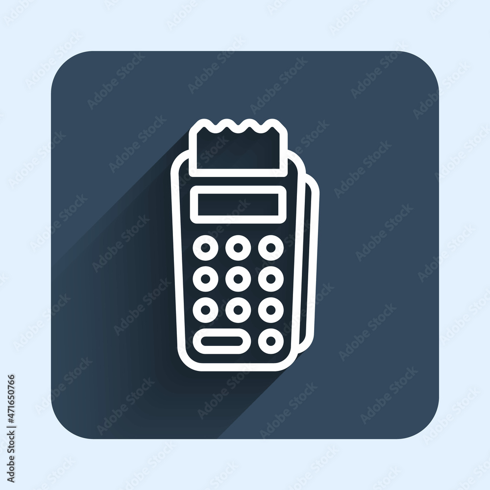 White line POS terminal with inserted credit card and printed reciept icon isolated with long shadow background. NFC payment concept. Blue square button. Vector White line POS terminal with inserted credit card and printed reciept icon isolated with long shadow background. NFC payment concept. Blue square button. Vector