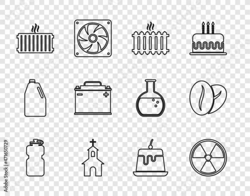 Set line Sport bottle with water, Radioactive, Heating radiator, Church building, Car battery, Pudding custard and Coffee beans icon. Vector