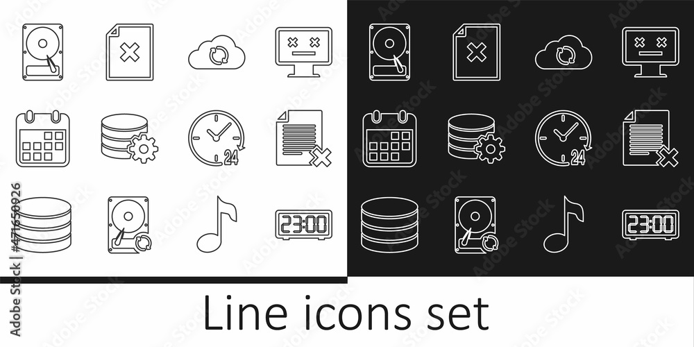 Set line Digital alarm clock, Delete file document, Cloud sync refresh, Setting database server, Calendar, Hard disk drive HDD, Clock 24 hours and icon. Vector