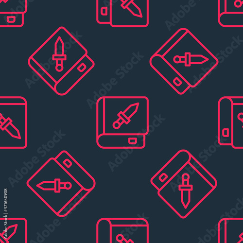 Red line Book about weapon icon isolated seamless pattern on black background. Small firearm. Weapon catalog. Vector