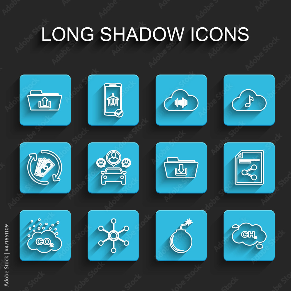 Set line CO2 emissions in cloud, Network, Folder upload, Bomb ready to explode, Methane reduction, Car sharing, Share file and download icon. Vector Set line CO2 emissions in cloud, Network, Folder upload, Bomb ready to explode, Methane reduction, Car sharing, Share file and download icon. Vector