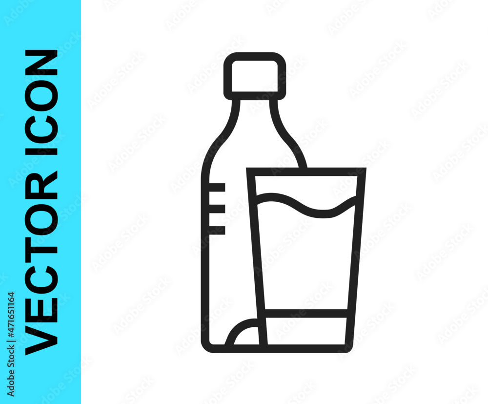 Black line Bottle of water with glass icon isolated on white background. Soda aqua drink sign. Vector Black line Bottle of water with glass icon isolated on white background. Soda aqua drink sign. Vector