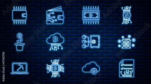 Set line Smart contract, ASIC Miner, Cryptocurrency bitcoin with circuit, cloud mining, Bitcoin plant the pot, wallet, Proof of stake and icon. Vector