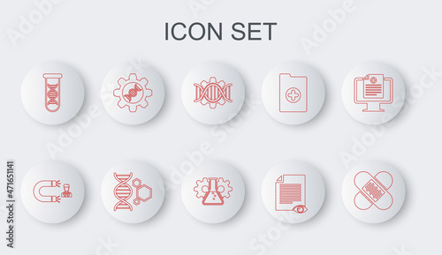Set line Crossed bandage plaster, Customer attracting, Genetic engineering, Paper page with eye, DNA research, search, and Bioengineering icon. Vector