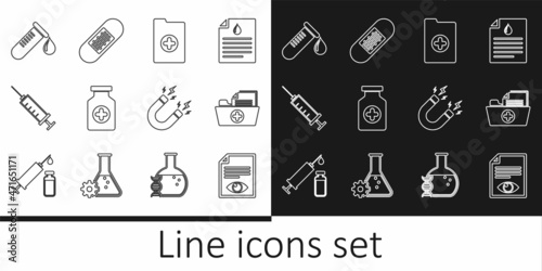 Set line Paper page with eye, Health record folder, Clinical, Medicine bottle, Syringe, Test tube drop of blood, Magnet lightning and Bandage plaster icon. Vector