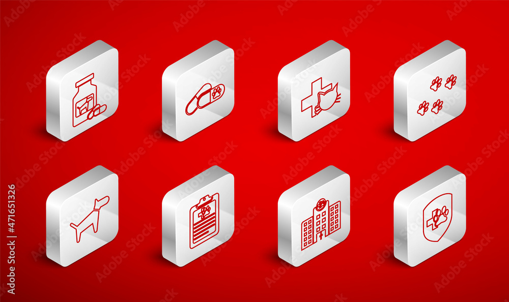 Set line Animal health insurance, Dog and pills, Veterinary clinic, Paw print, medicine hospital, bottle, Clinical record pet and icon. Vector