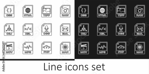Set line MAX file document, EML, TIFF, XSL, OBJ, CSS, OGG and HTML icon. Vector
