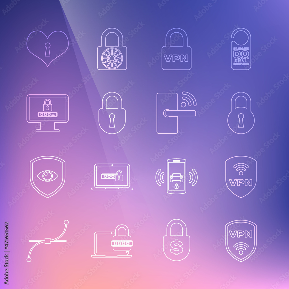 Set line Shield with VPN wireless, Lock, Monitor password, Heart keyhole and Digital door lock icon. Vector