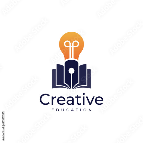 pen, bulb and book creative education logo design