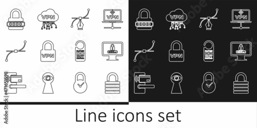 Set line Lock, Monitor with password, Bezier curve, VPN, Password protection, Please do not disturb and Cloud interface icon. Vector